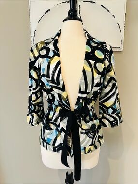 Abstract Print Tie-Waist Jacket in Black, Blue & Yellow